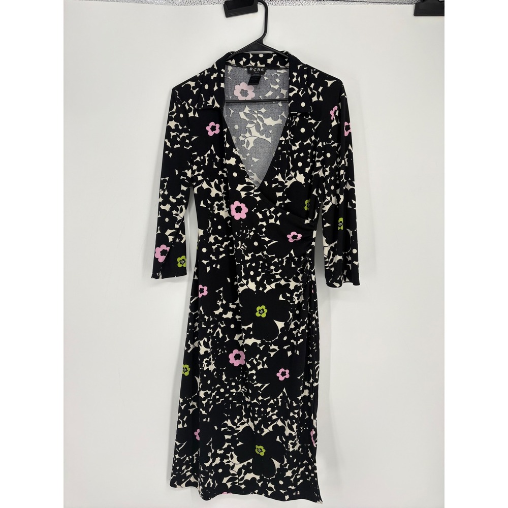 BCBG Paris Dress Women L Black Floral Faux Wrap Midi 3/4‎ Sleeve V-Neck Ruched